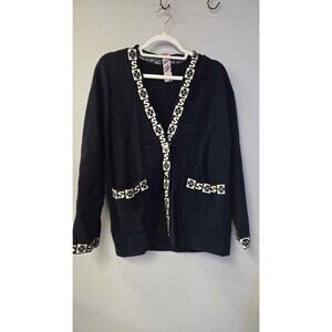 Sandro Paris Black Knit Cardigan Gold Button Clover 'S' Trim Size 2 / Small